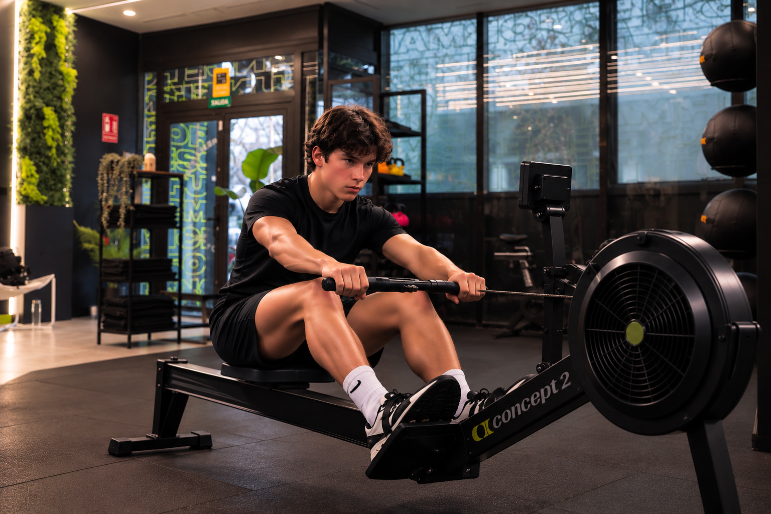 Joven deportista entrenando en máquina de remo en BIGG