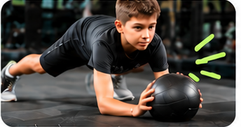 Niño realizando un ejercicio de fuerza con un balón medicinal